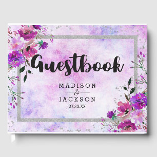 Chic Purple Floral & Silver Frame Wedding Monogram Guest Book