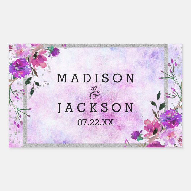 Chic Purple Floral & Silver Frame Wedding Monogram Rectangular Sticker (Front)