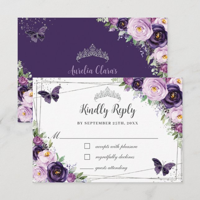 Chic Purple Floral Silver QUINCEAÑERA Butterflies RSVP Card (Front/Back)