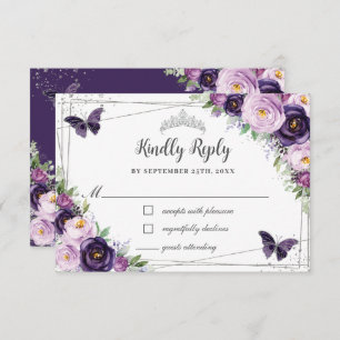 Chic Purple Floral Silver QUINCEAÑERA Butterflies RSVP Card
