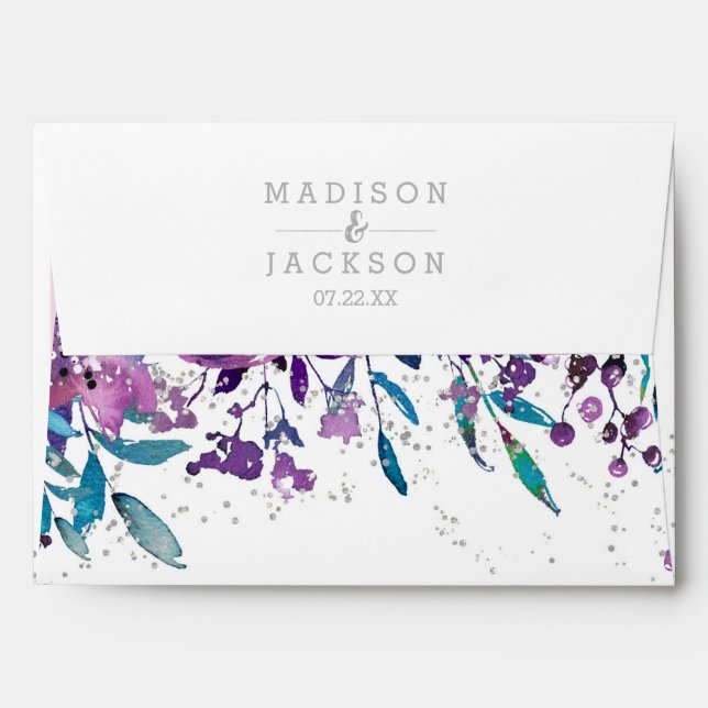 Chic Purple Floral & Silver Wedding Monogram Envelopes (Back (Top Flap))