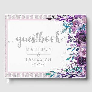 Chic Purple Floral & Silver Wedding Monogram Guest Book