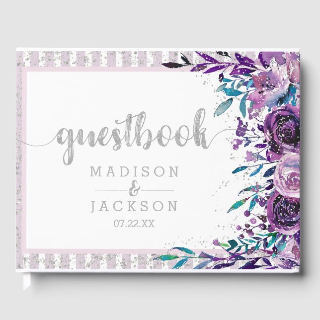 Chic Purple Floral & Silver Wedding Monogram Guest Book (Front)