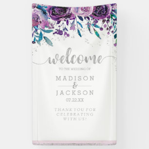 Chic Purple Floral & Silver Wedding Welcome Banner