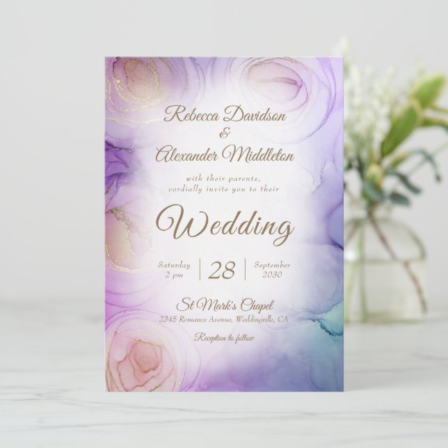 Chic Purple Floral Wedding Invitation (Standing Front)