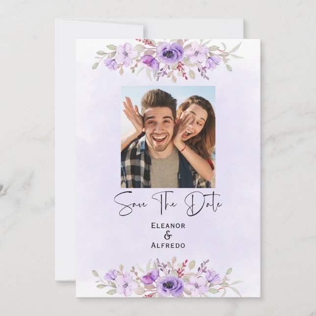 Chic Purple Floral Wedding Save the Date Invitation (Front)