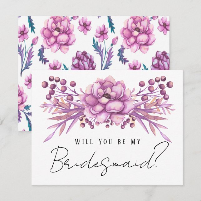 Chic Purple Floral Will You Be My Bridesmaid Postcard (Front/Back)