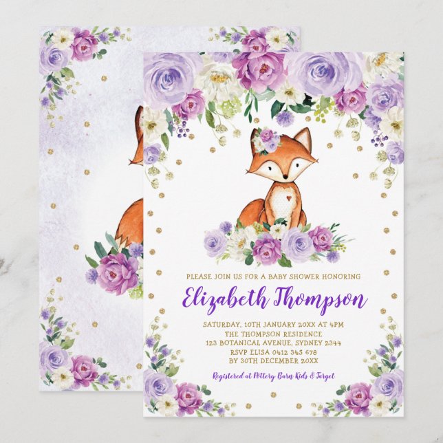 Chic Purple Floral Woodland Fox Baby Girl Shower Invitation (Front/Back)