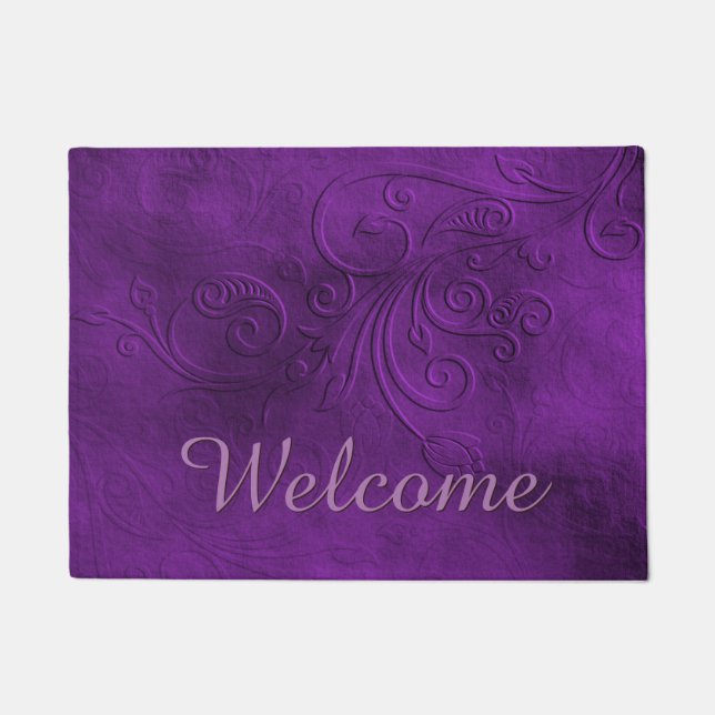 Chic Purple Flourish Welcome Door Mat (Front)