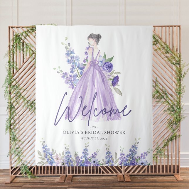 Chic Purple Flower Gown Bridal Shower Welcome Tapestry (Chic Purple Flower Gown Bridal Shower Welcome Tapestry)