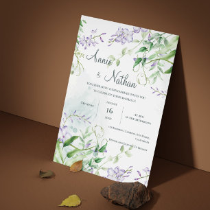 Chic Purple Flowers Green Leaves Floral Wedding Invitation