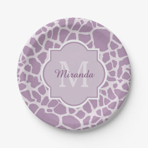 Chic Purple Giraffe Print With Monogram and Name Paper Plate