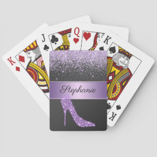 Chic Purple Glitter Diamond High Heel Shoe Name Playing Cards