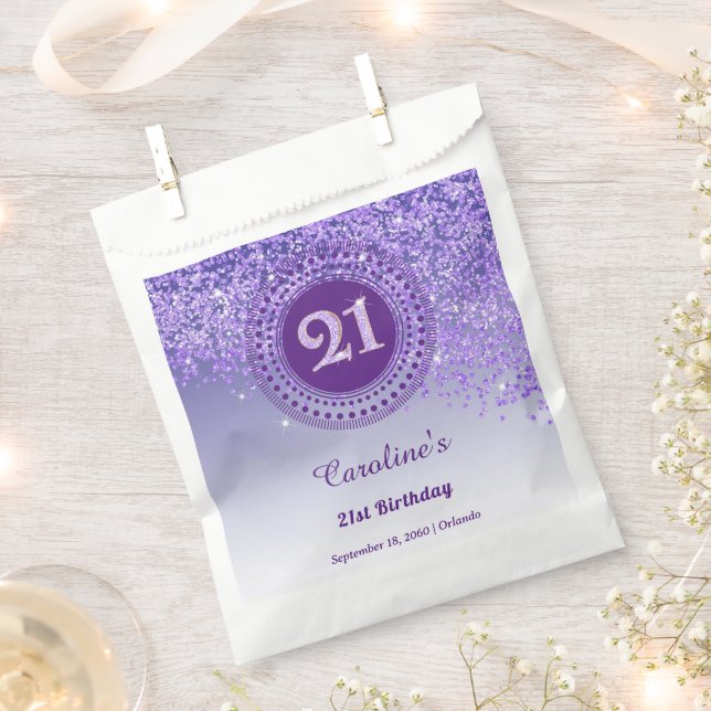 Chic Purple Glitter & Dotted Frame 21st Birthday Favour Bags (Clipped)