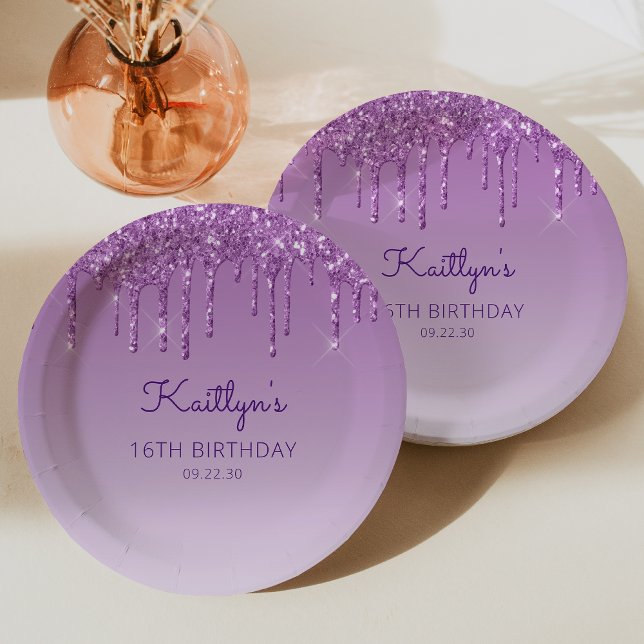 Chic Purple Glitter Drip 16th Birthday Party Paper Plate (Creator Uploaded)