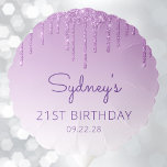 Chic Purple Glitter Drip 21st Birthday Party Balloon<br><div class="desc">This 21st birthday party balloon features a a sparkly purple faux glitter drip border and purple ombre background. Personalise it with the guest of honour's name in purple handwriting script,  with her birthday and date below in sans serif font.</div>