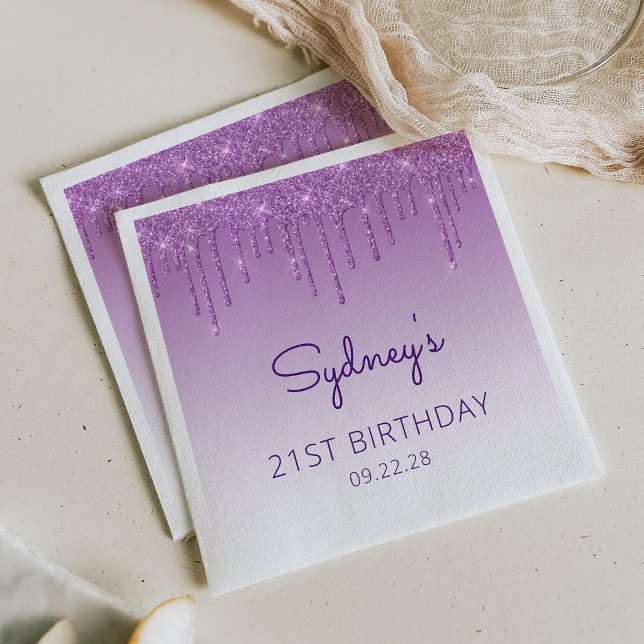 Chic Purple Glitter Drip 21st Birthday Party Napkin (Creator Uploaded)