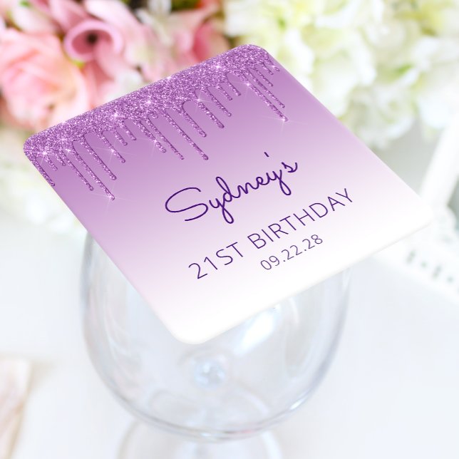 Chic Purple Glitter Drip 21st Birthday Party Square Paper Coaster (Creator Uploaded)