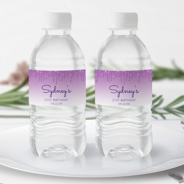 Chic Purple Glitter Drip 21st Birthday Party Water Bottle Label (Creator Uploaded)