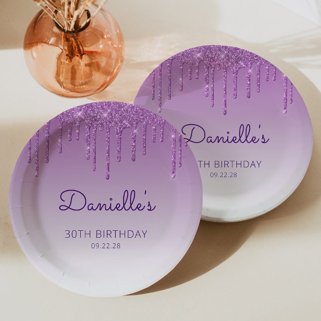 Chic Purple Glitter Drip 30th Birthday Party Paper Plate (Creator Uploaded)