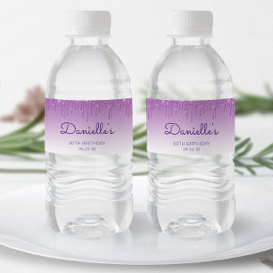 Chic Purple Glitter Drip 30th Birthday Party Water Bottle Label