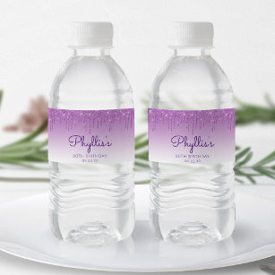 Chic Purple Glitter Drip 80th Birthday Party Water Bottle Label
