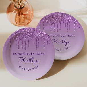 Chic Purple Glitter Drip Class Graduation Party Paper Plate