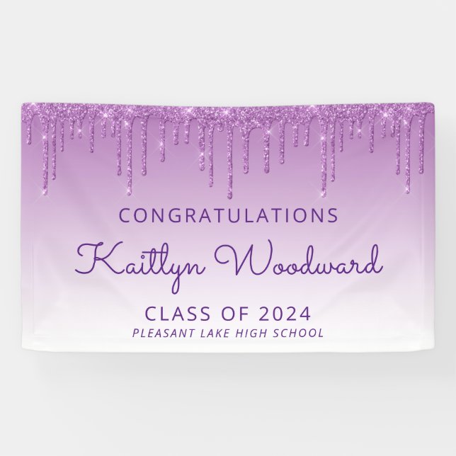 Chic Purple Glitter Drip Graduation Banner (Horizontal)