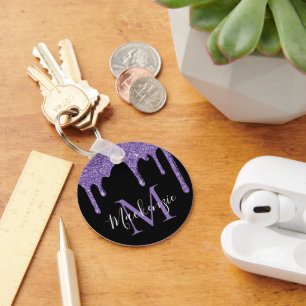 Chic Purple Glitter Drips Sparkle Monogram Key Ring