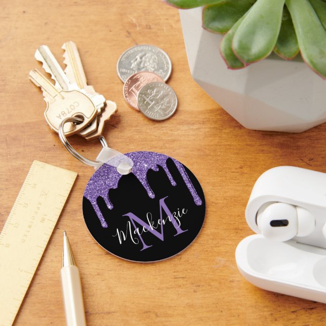 Chic Purple Glitter Drips Sparkle Monogram Key Ring (Desk)
