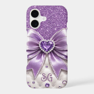 Chic Purple Glitter Glam Bow Girly Monogram