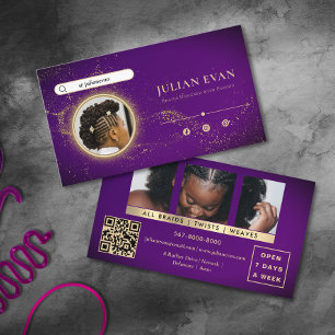 Chic Purple Glitter Gold African Braid Hairstylist Business Card