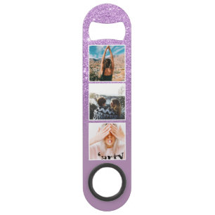 Chic purple glitter lavender 3 photo grid monogram