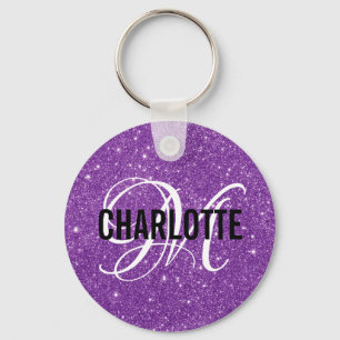 Chic purple glitter monogram name keychain