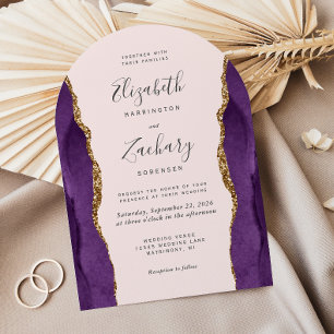 Chic Purple Gold Agate Arch Blush Wedding Invitation