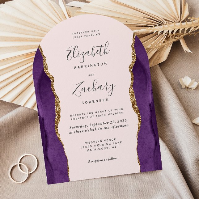 Chic Purple Gold Agate Arch Blush Wedding Invitation (Creator Uploaded)