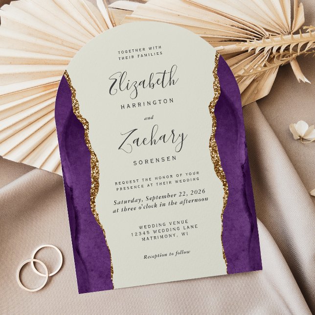 Chic Purple Gold Agate Arch Ivory Wedding Invitation (Creator Uploaded)