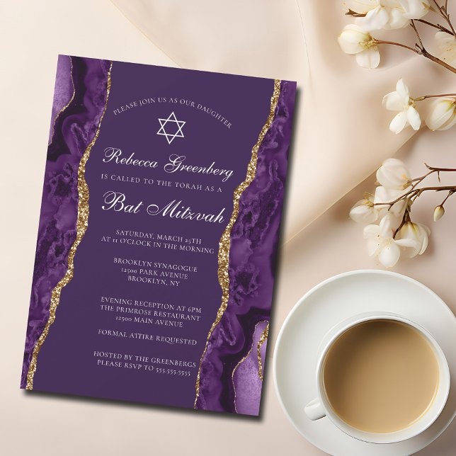 Chic Purple Gold Agate Bat Mitzvah Party Invitation (Creator Uploaded)