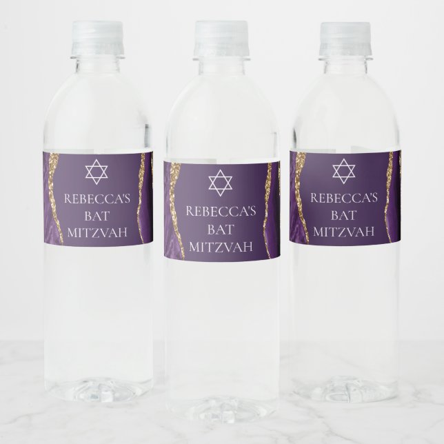 Chic Purple Gold Agate Bat Mitzvah Party Water Bottle Label (Bottles)