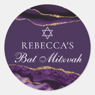 Chic Purple Gold Bat Mitzvah Party Personalised Classic Round Sticker