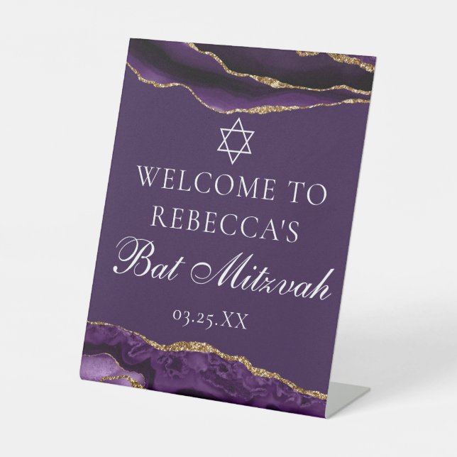 Chic Purple Gold Bat Mitzvah Party Welcome Pedestal Sign (Front)