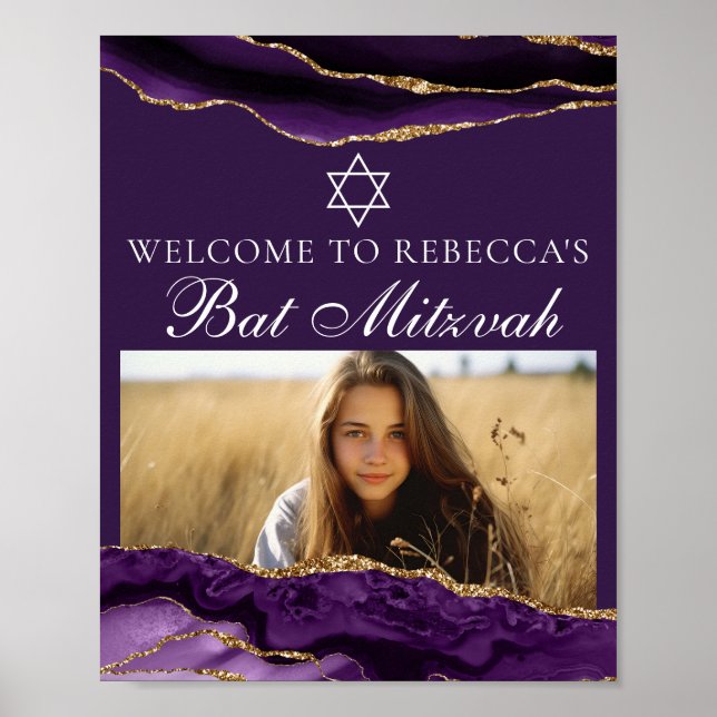 Chic Purple Gold Bat Mitzvah Photo Party Welcome Poster (Front)