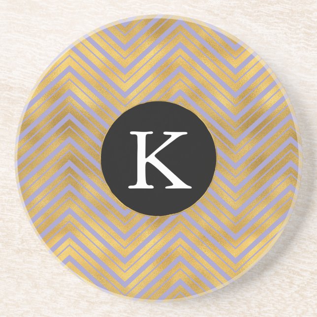 Chic Purple Gold Chevron Monogram Coaster (Front)