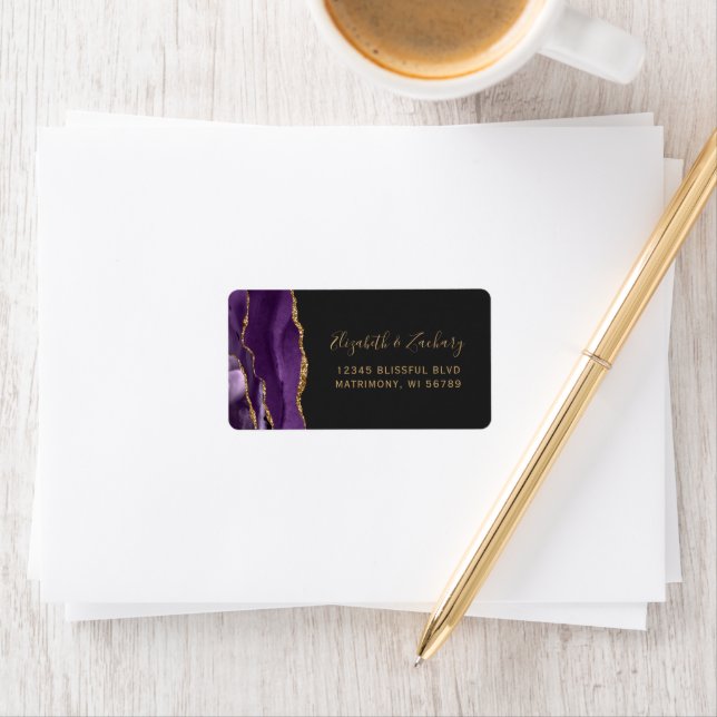 Chic Purple Gold Dark Wedding RSVP Self-Address Label (Insitu)