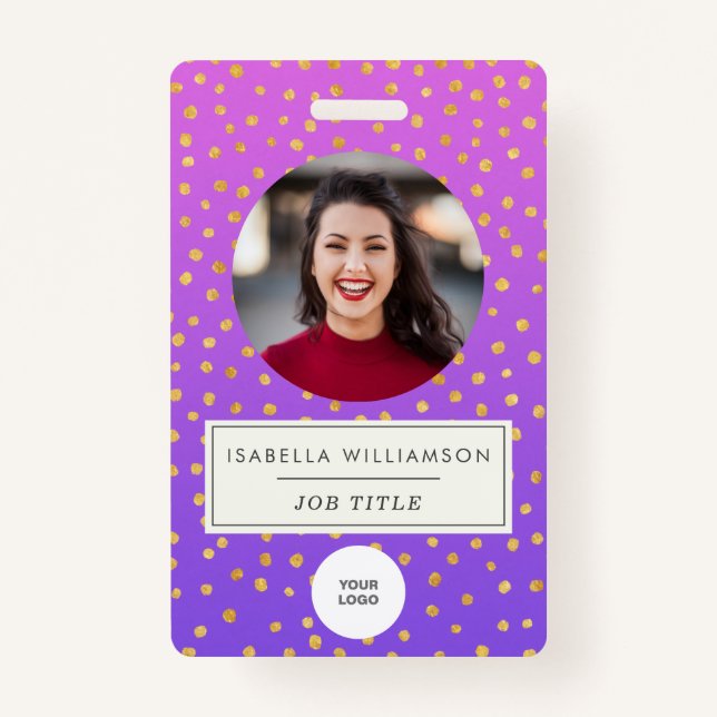 Chic Purple Gold Dot Employee Photo ID Corporate ID Badge (Front)