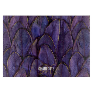 Chic purple gold feathers monogram name cutting board