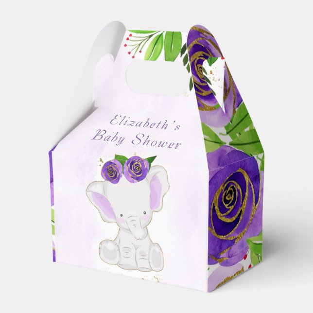 Chic Purple Gold Floral Cute Elephant Baby Shower Favour Box (Front Side)