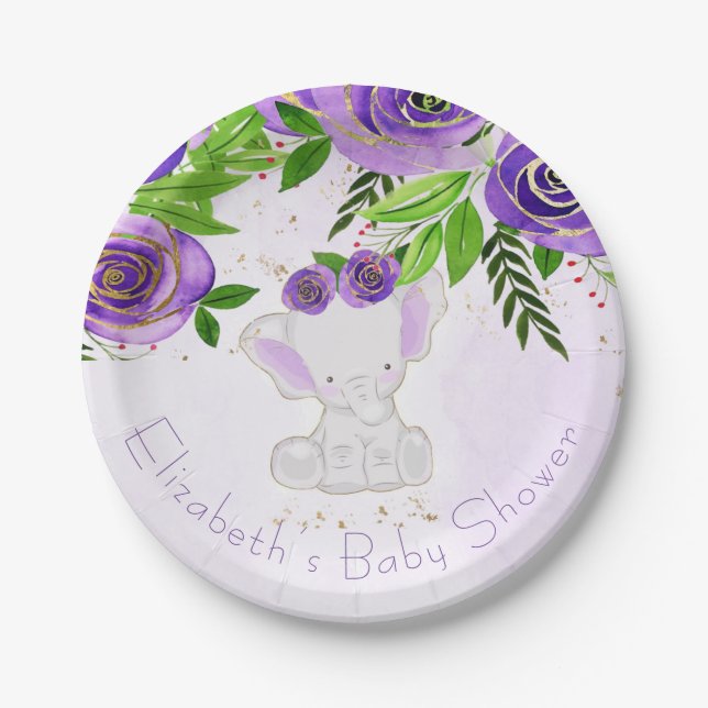 Chic Purple Gold Floral Cute Elephant Baby Shower Paper Plate (Front)