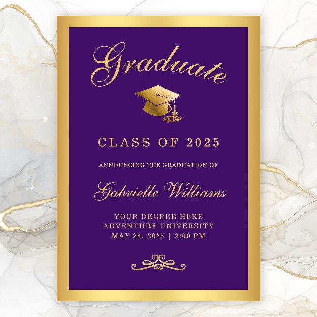 Chic Purple Gold Frame Script Graduation Announcement (Chic Purple Gold Border Typography Graduation Announcement)