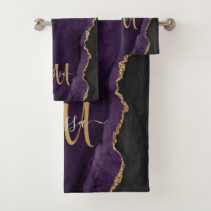 Chic Purple Gold Glitter Agate Custom Monogram  Bath Towel Set